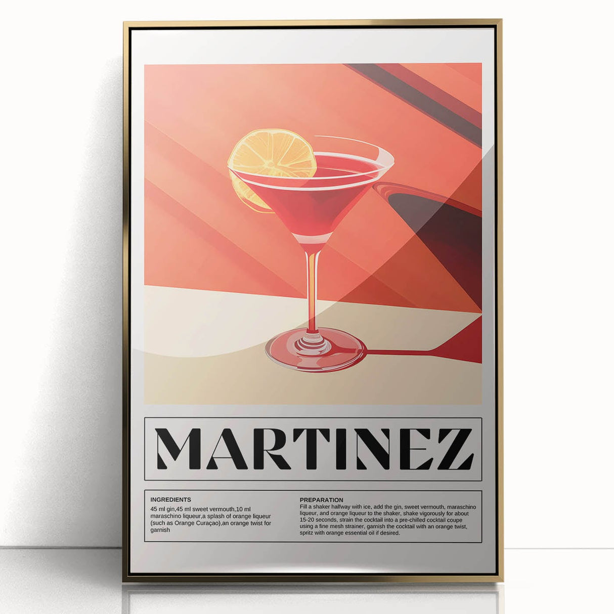 Art deco poster of food and drinks in gold and black tones, acrylic framed, suitable for modern art wall decor.