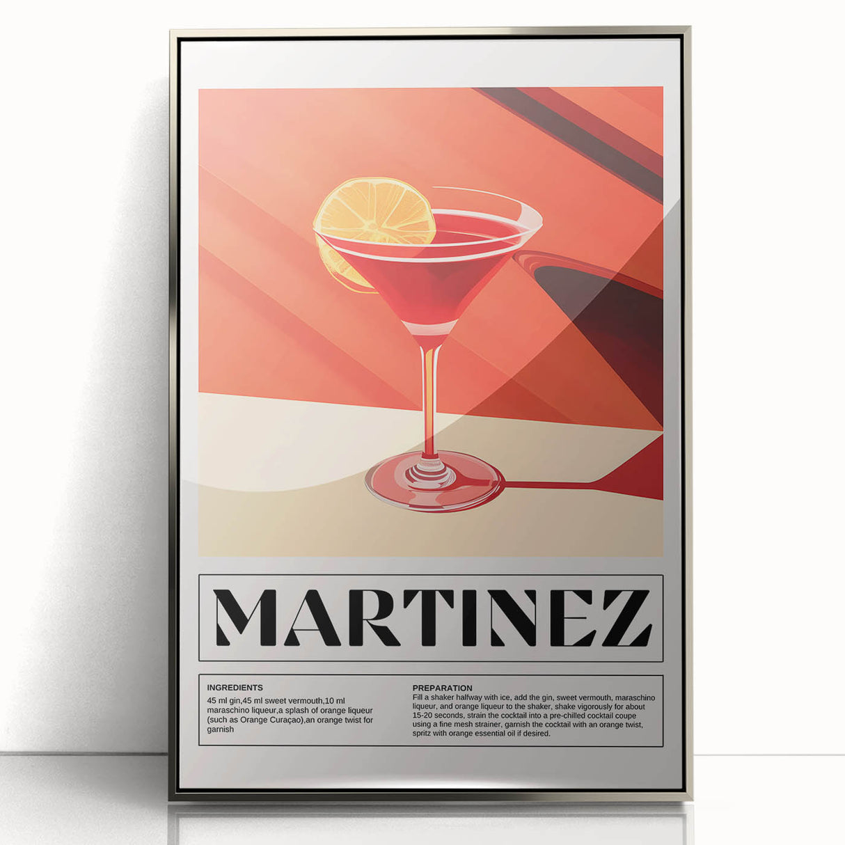 Large art print of colorful fruits and beverages in a mid-century modernist style, framed in silver acrylic.
