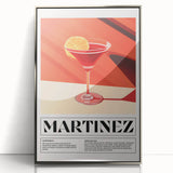 Large art print of colorful fruits and beverages in a mid-century modernist style, framed in silver acrylic.