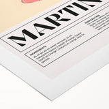 Art deco poster featuring a stylized cocktail glass, in bold black and golden tones on a rolled canvas.