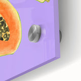 Large abstract wall art of vibrant fruits on acrylic glass, ideal for dining room decor, in mid-century modernist style.