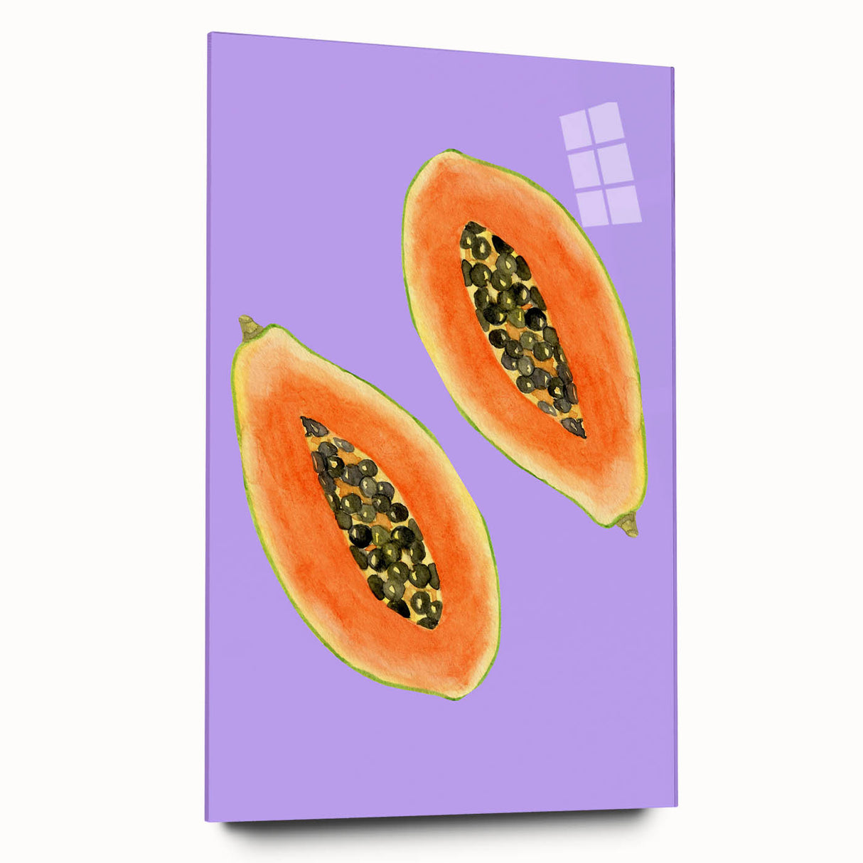 Large abstract wall art featuring assorted fruits in vibrant colors on acrylic glass.