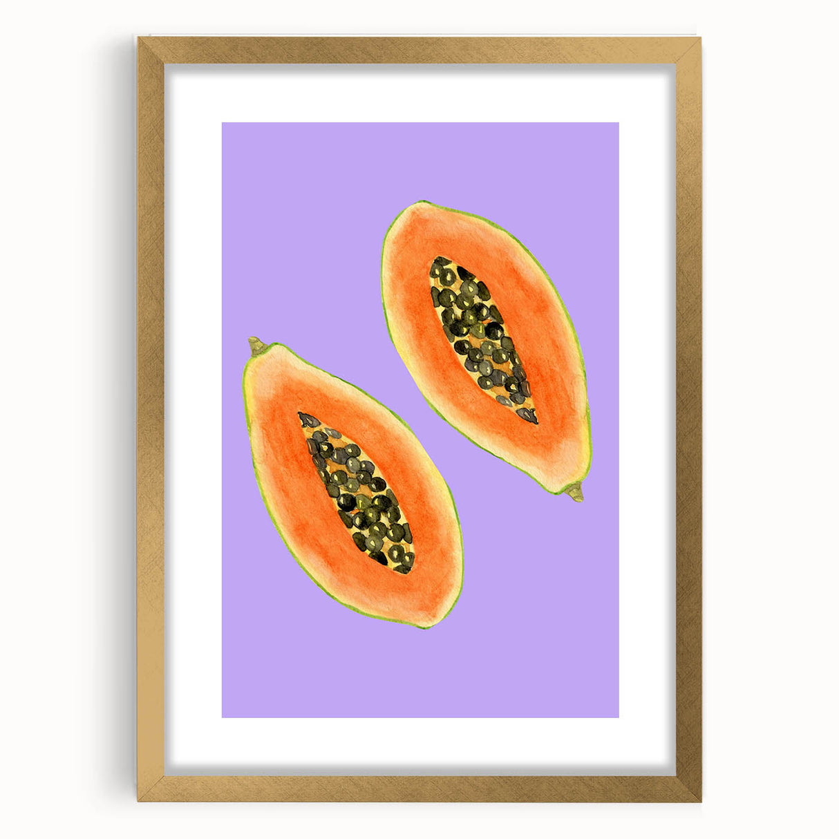 Extra large abstract art print featuring textured fruits in vibrant colors, framed in gold, ideal for living room decor.