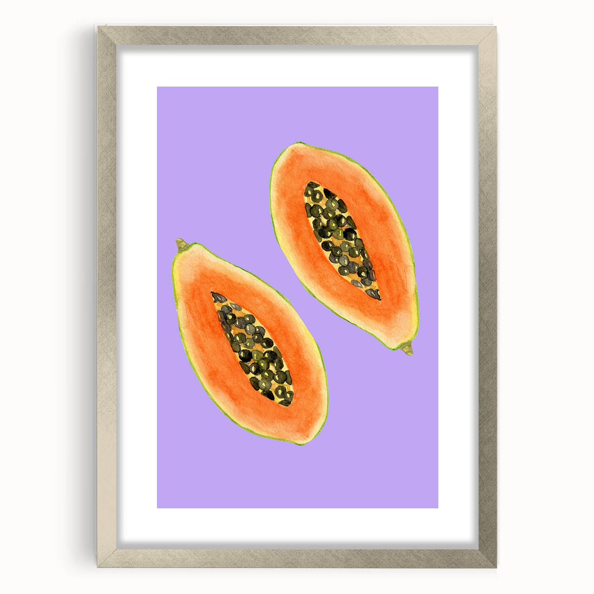 Textured art depicting abstract fruit designs in muted colors on a framed silver mat, suitable for bedroom art.