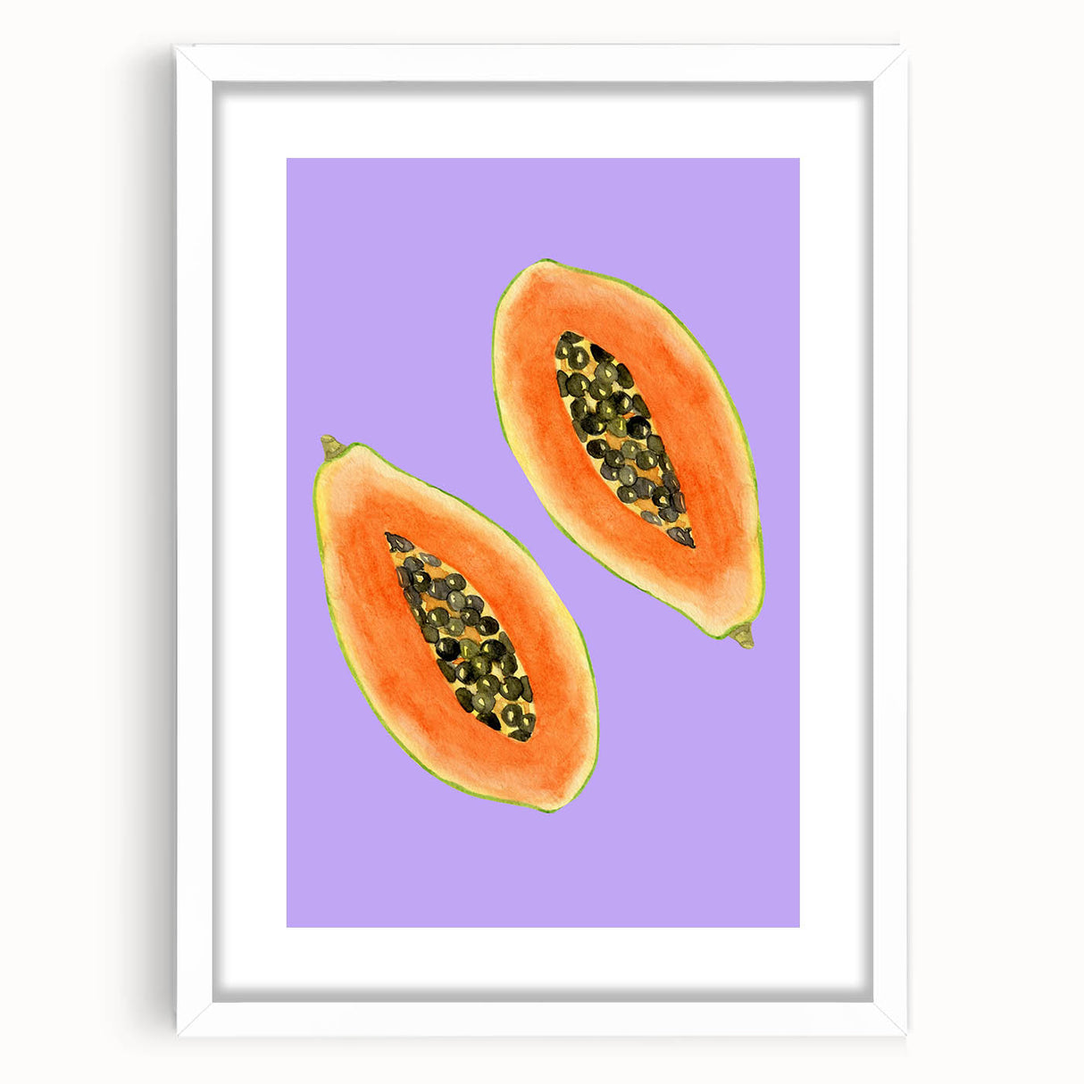 Abstract art print featuring assorted fruits in bold colors on a white framed mat, suitable for dining room decor.