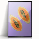 Large abstract wall art featuring assorted fruits in bold colors on a black acrylic framed print, suitable for kitchen decor.