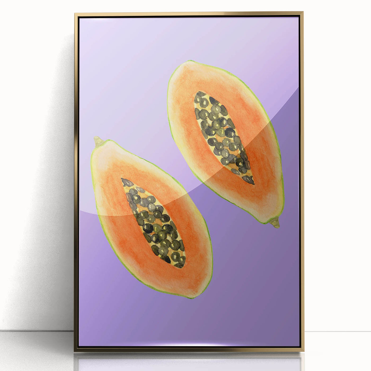 Framed acrylic print of assorted fruits in a mid-century modernist style, featuring bold colors.
