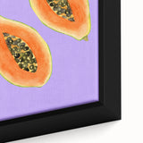 Close-up of extra large framed canvas featuring colorful, textured fruits on a black background, ideal for living room decor.