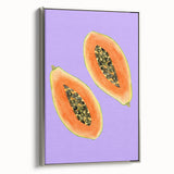 Framed canvas depicting vintage poster art of colorful fruits arranged in a landscape format, ideal for kitchen wall decor.