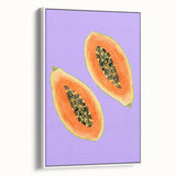 Framed canvas of vintage poster art featuring colorful fruits on a black background, ideal for living room decor.
