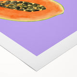 Art deco poster featuring an assortment of fruits in bold colors on a rolled canvas, ideal for dining room wall art.