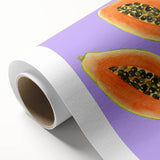 Art deco poster featuring assorted colorful fruits on a rolled canvas, suitable for nursery wall art or dining room decor.