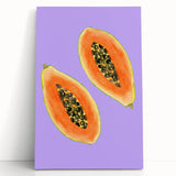 Large black and white stretched canvas featuring an assortment of fruits, ideal for kitchen wall art.