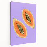 Large stretched canvas featuring an array of colorful fruits, ideal for kitchen wall art.