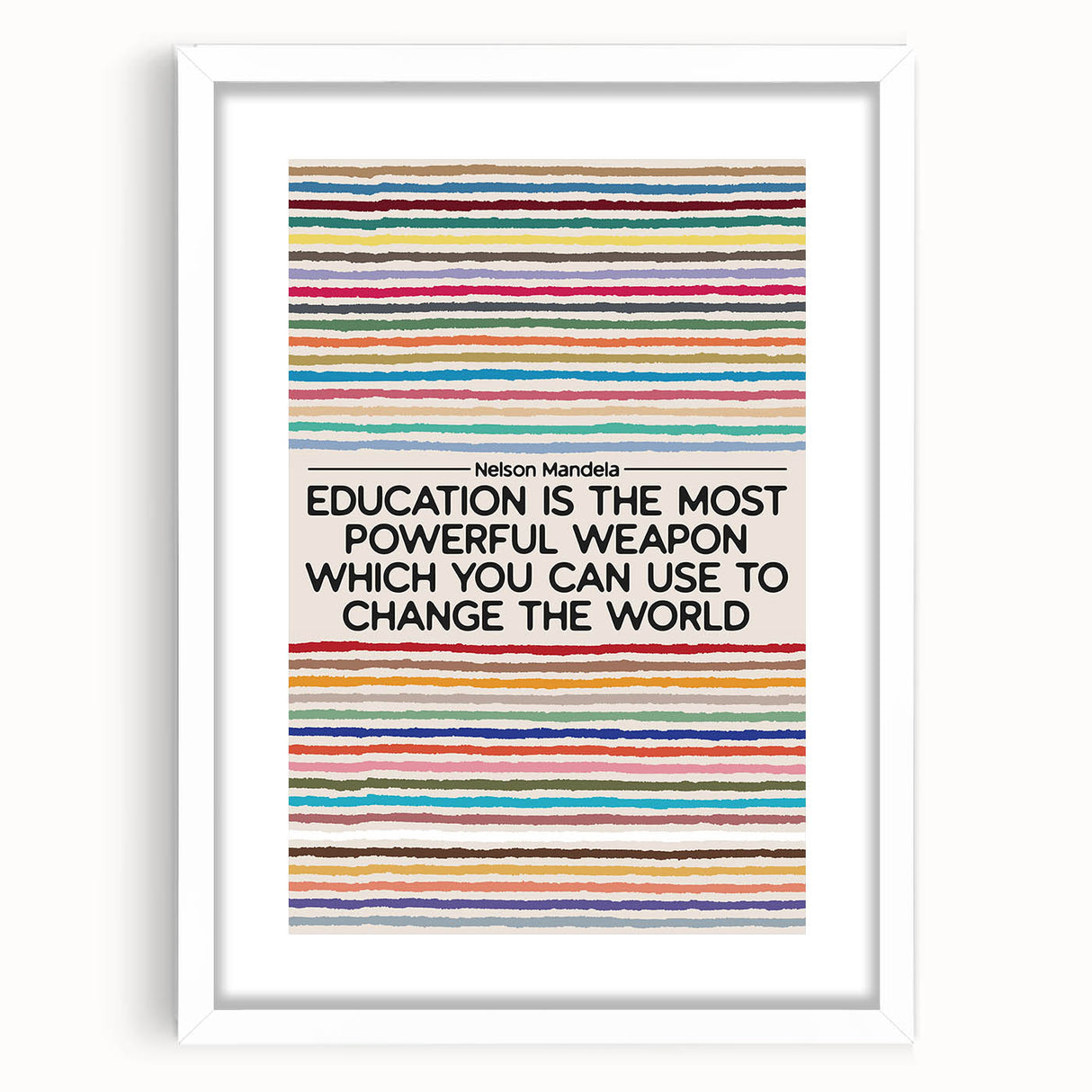 Abstract art print featuring a blend of colorful geometric shapes, framed in white, ideal for dining room decor.