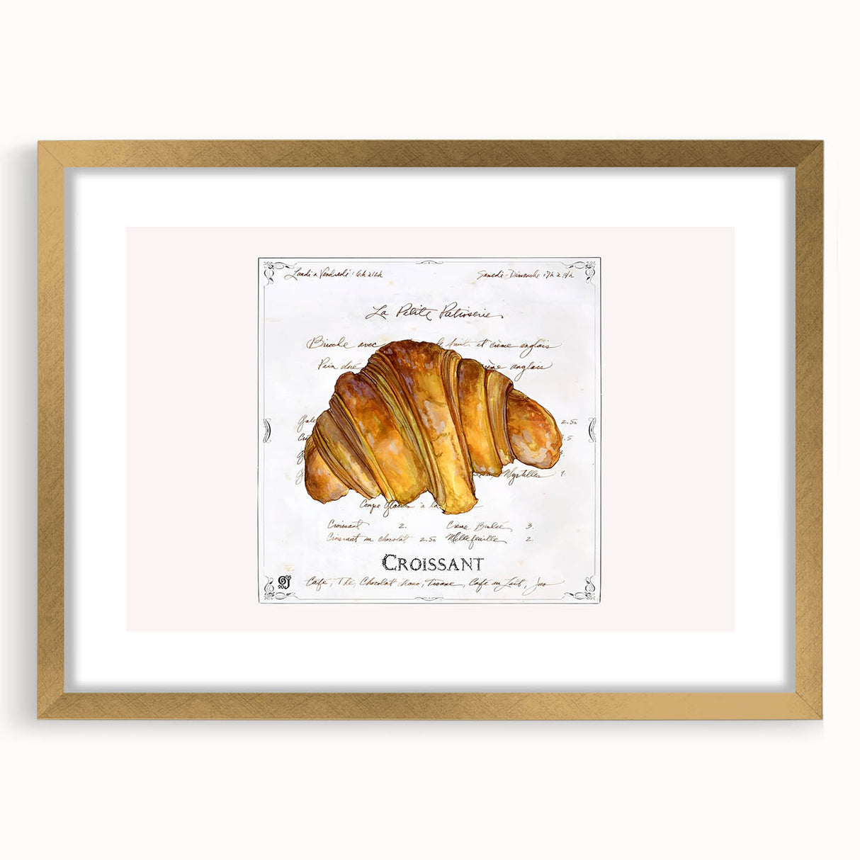 Extra large abstract art print featuring assorted pastries in muted earth tones, framed in gold, ideal for living room decor.