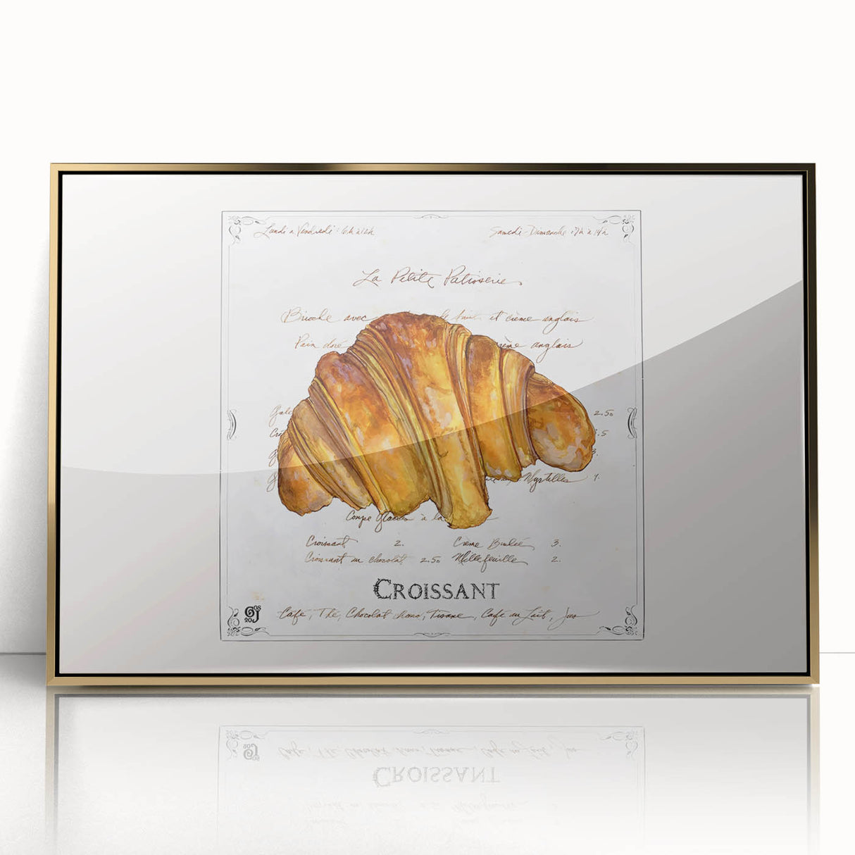 Large art print of assorted pastries in gold frame, featuring mid-century modernist style.