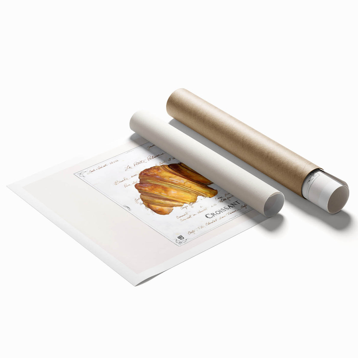 Extra large rolled print of pastries and floral designs in soft pastel colors, ideal for classy bathroom wall art.