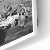 Large abstract wall art on acrylic glass featuring a close-up of colorful food and people.