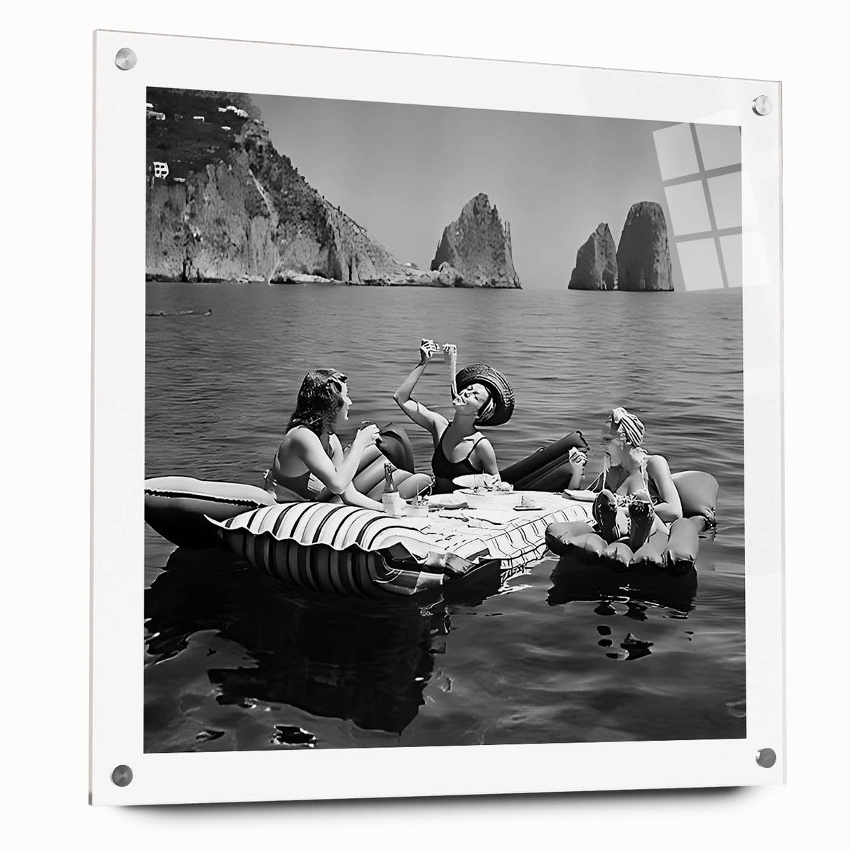 Large abstract wall art on acrylic glass depicting colorful, stylized food and people, ideal for dining room decor.