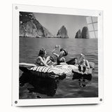 Large abstract wall art on acrylic glass depicting colorful, stylized food and people, ideal for dining room decor.