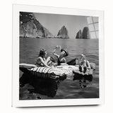 Large abstract dining room art on acrylic glass depicting people at a cafe in mid-century modernist style.