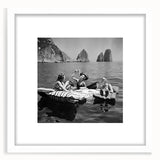 Abstract art print depicting people dining, in muted earth tones on a white-framed canvas.