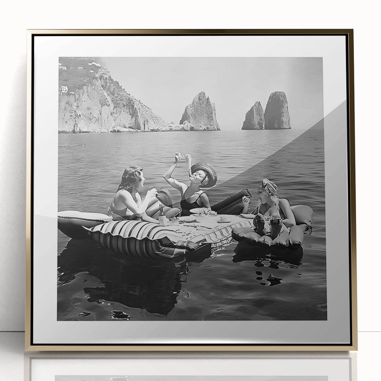 Large art print of a mid-century modernist food scene in muted earth tones, framed in gold acrylic.