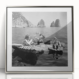 Mid-century modernist art featuring a stylized food and people scene, framed in silver acrylic.