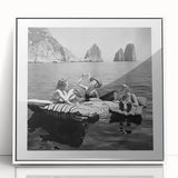 Art Deco style poster featuring a stylized food and people scene in pastel shades, framed in white acrylic.