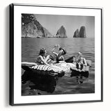 Black and white vintage poster art on framed canvas depicting a bustling city scene, ideal for bedroom wall decor.