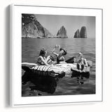 Vintage poster art featuring a colorful gathering of people dining, set on an extra large framed canvas.