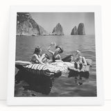 Black and white stretched canvas featuring an abstract design of people dining, ideal for kitchen wall art.