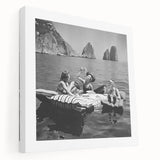 Large canvas print featuring a colorful illustration of diverse people enjoying food, ideal for kitchen wall art.