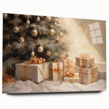 Golden Christmas Wall Art – Festive Tree & Gift Holiday Canvas