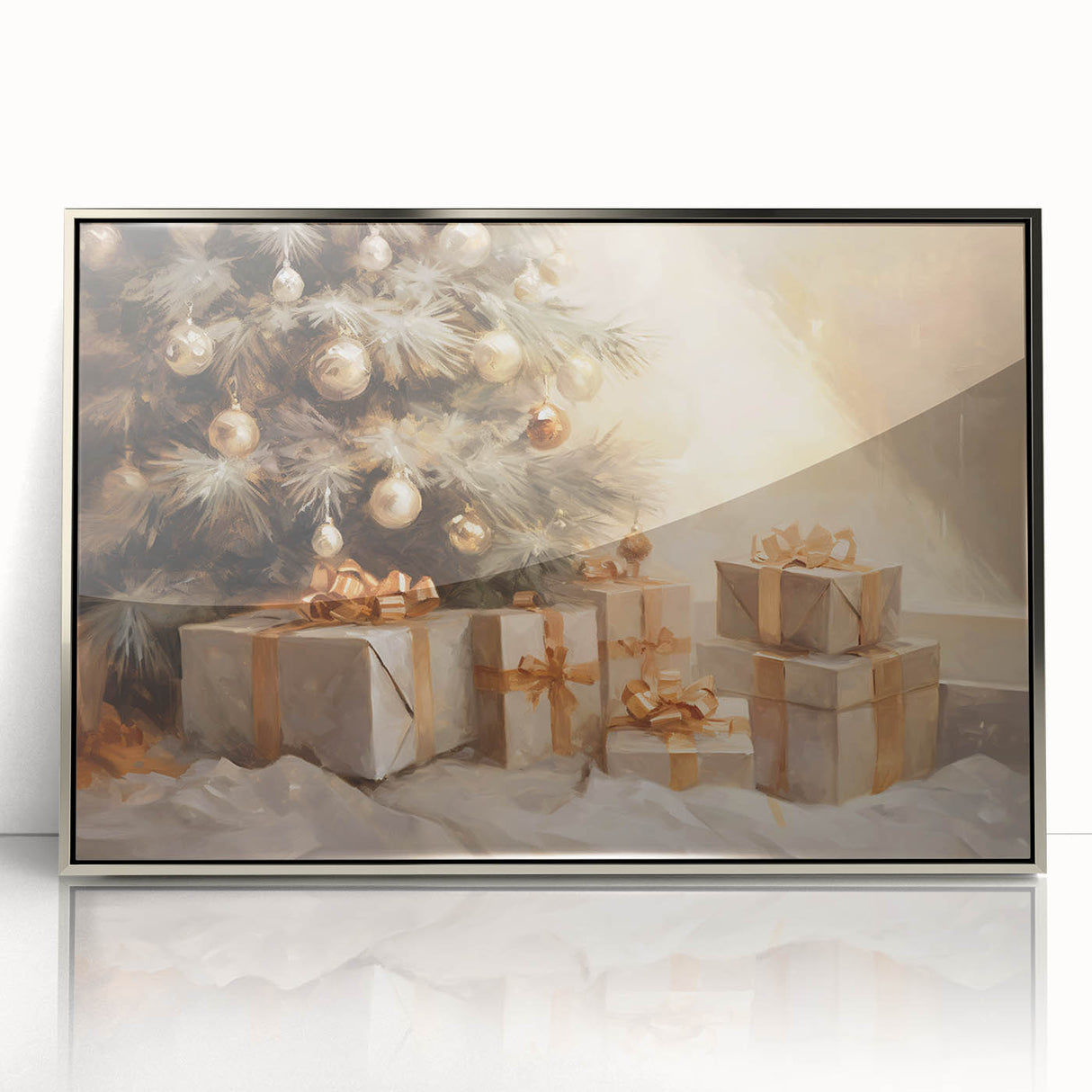 Golden Christmas Wall Art – Festive Tree & Gift Holiday Canvas