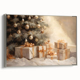 Golden Christmas Wall Art – Festive Tree & Gift Holiday Canvas