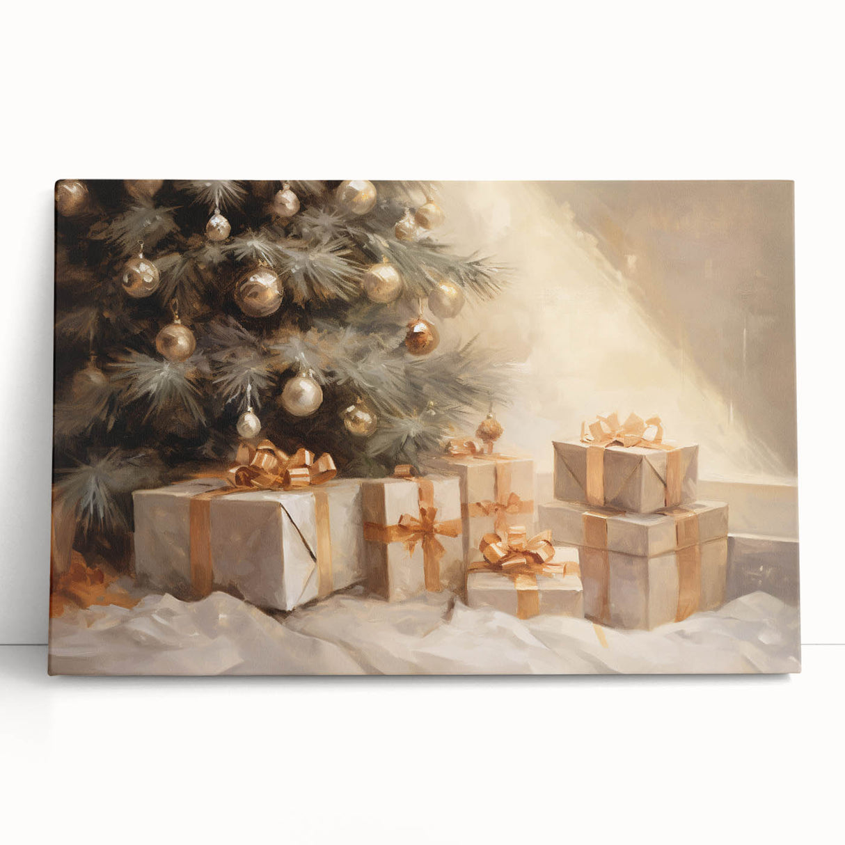 Golden Christmas Wall Art – Festive Tree & Gift Holiday Canvas