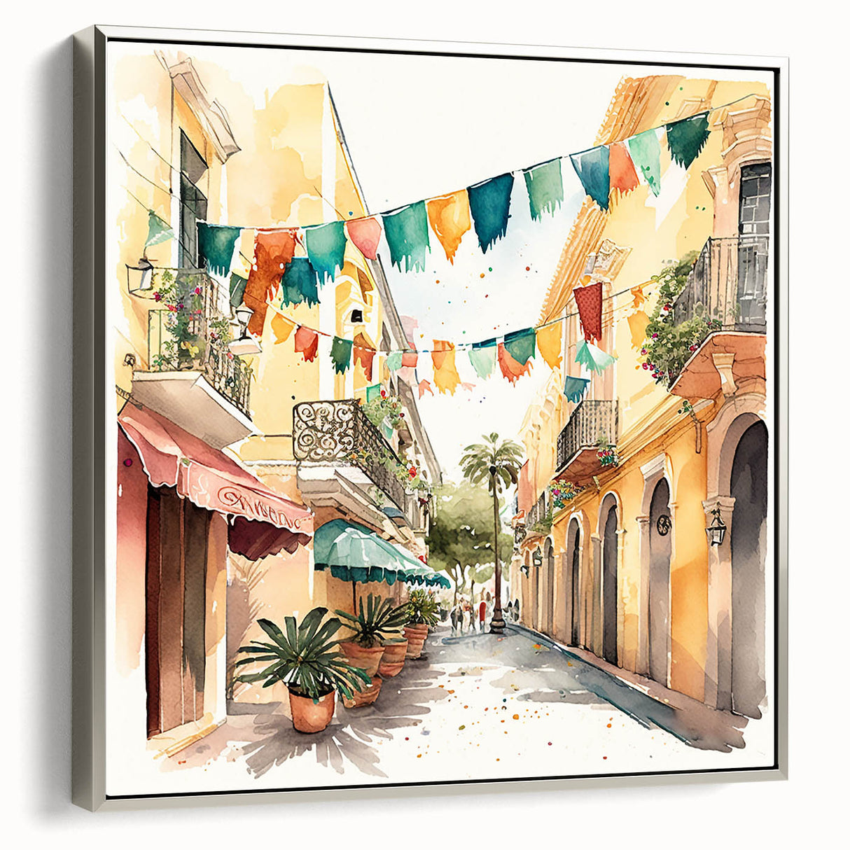 Mexican Fiesta Wall Art - Colorful Street Scene with Papel Picado