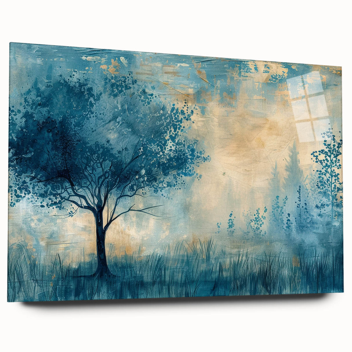 Elegant landscape acrylic glass artwork showcasing a vibrant forest scene, viewed from the side without pins. Perfect for modern home decor or art collectors, emphasizing the vivid colors and clarity of the glass material.