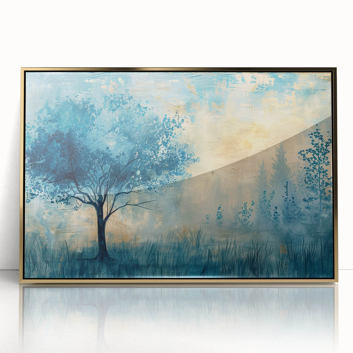 Framed acrylic wall art featuring a gold landscape design, highlighting intricate details and vibrant colors, perfect for modern home decor.