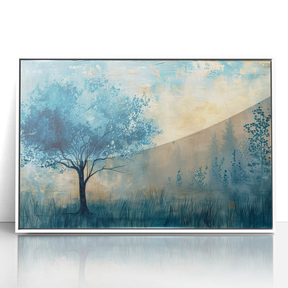 Framed acrylic landscape artwork in a modern white frame, showcasing vibrant colors and intricate details, perfect for home decor and art enthusiasts.
