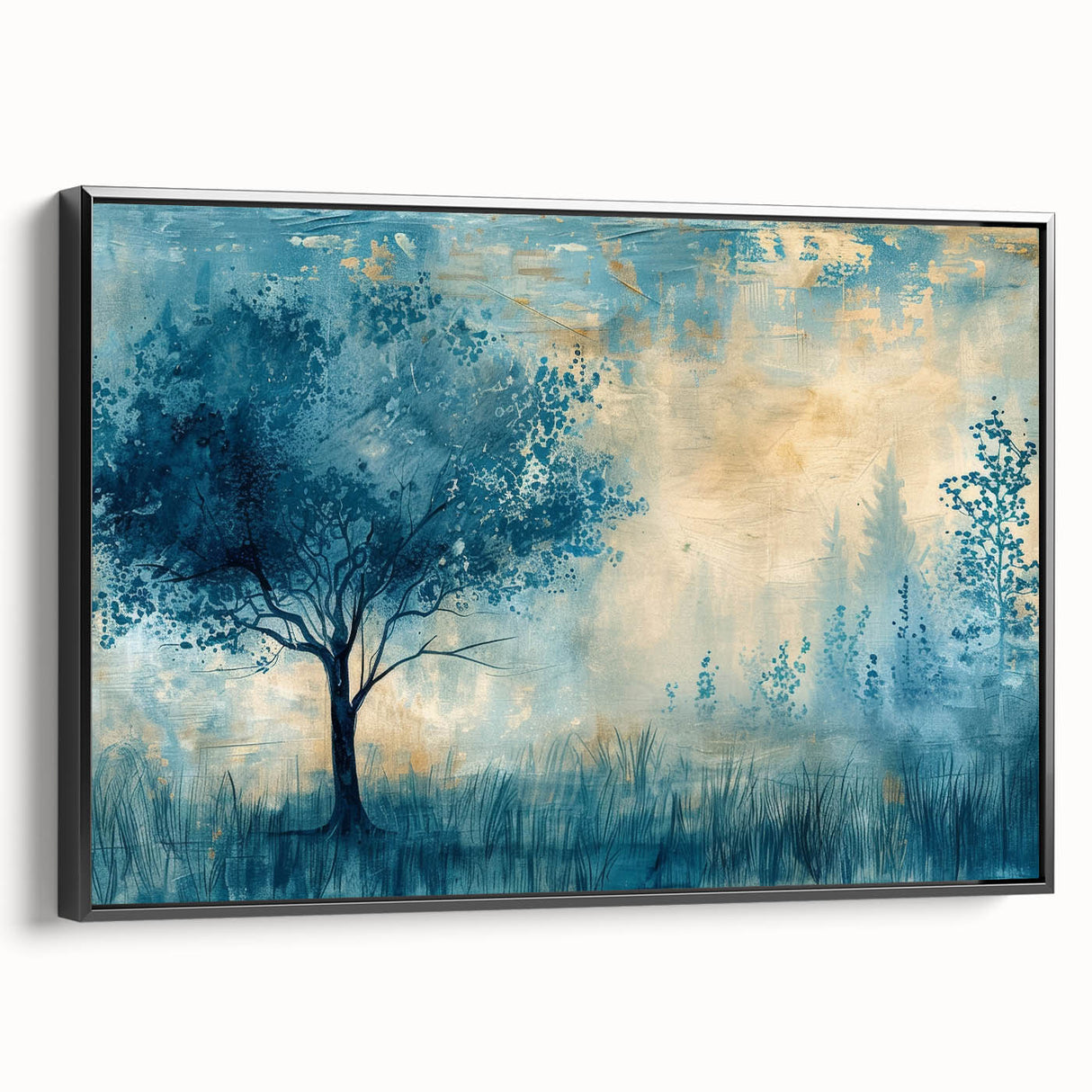 Framed black canvas showcasing a modern landscape design, highlighting vibrant colors and intricate details, ideal for contemporary home decor and art enthusiasts.