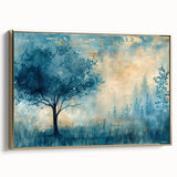 Framed landscape canvas art showcasing a serene gold-accented design, elegantly displayed from a side view, ideal for enhancing modern home decor.