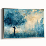 Framed landscape canvas artwork showcasing a serene nature scene with silver accents, ideal for modern home decor, enhancing living spaces with elegance.