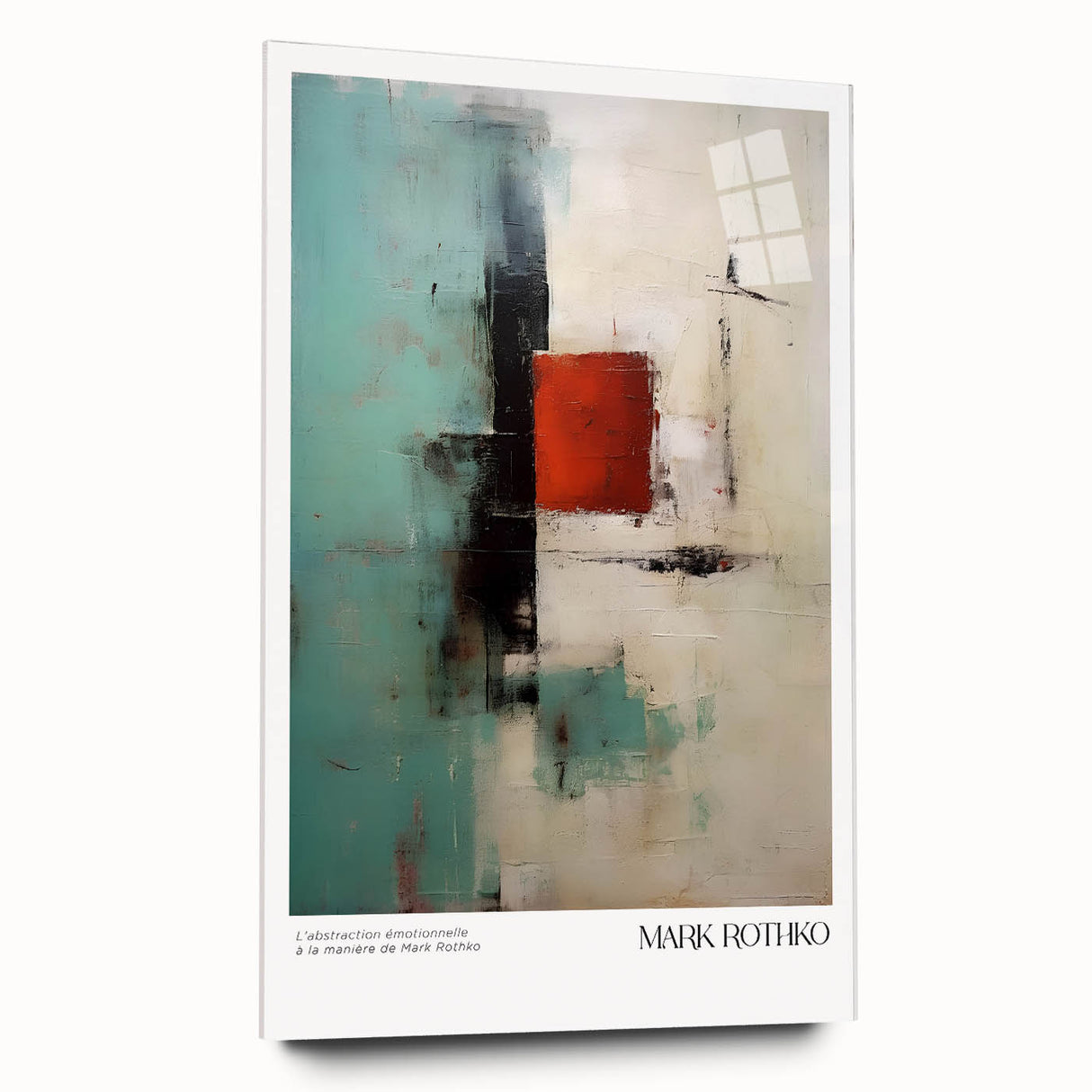 Large abstract wall art in blue and orange tones on acrylic glass, suitable for bedroom or dining room decor.
