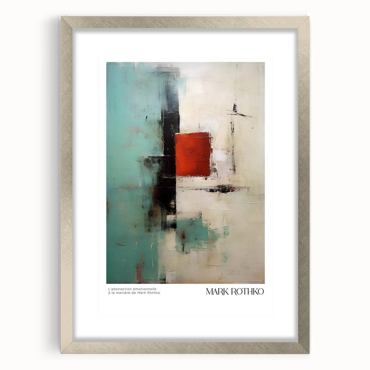 Textured abstract art print in red and orange tones, framed in silver, suitable for bedroom decor.
