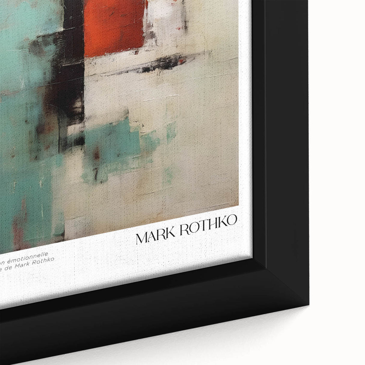 Close-up of a textured, extra-large framed canvas featuring abstract black wall art with vibrant color splashes.