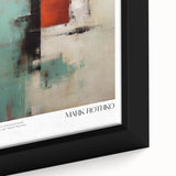 Close-up of a textured, extra-large framed canvas featuring abstract black wall art with vibrant color splashes.