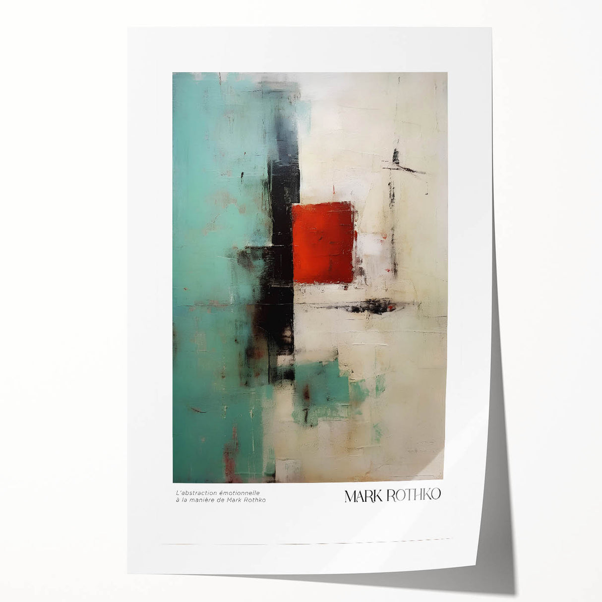 Rolled print of a Mark Rothko-inspired abstract with deep red and blue tones, suitable for dining room wall art.